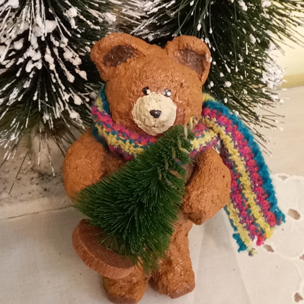 Christmas Bear w/ Bottle Brush Tree, Upcycled
